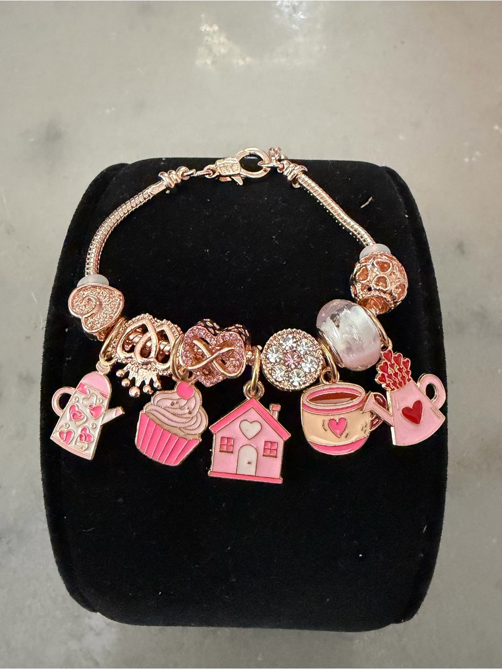 Rose Gold tone coffee time Bracelet with Pink Enamel  - Women Jewelry